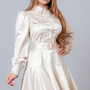CHAMPAGNE Chic Cream Long Sleeve Belted Dress